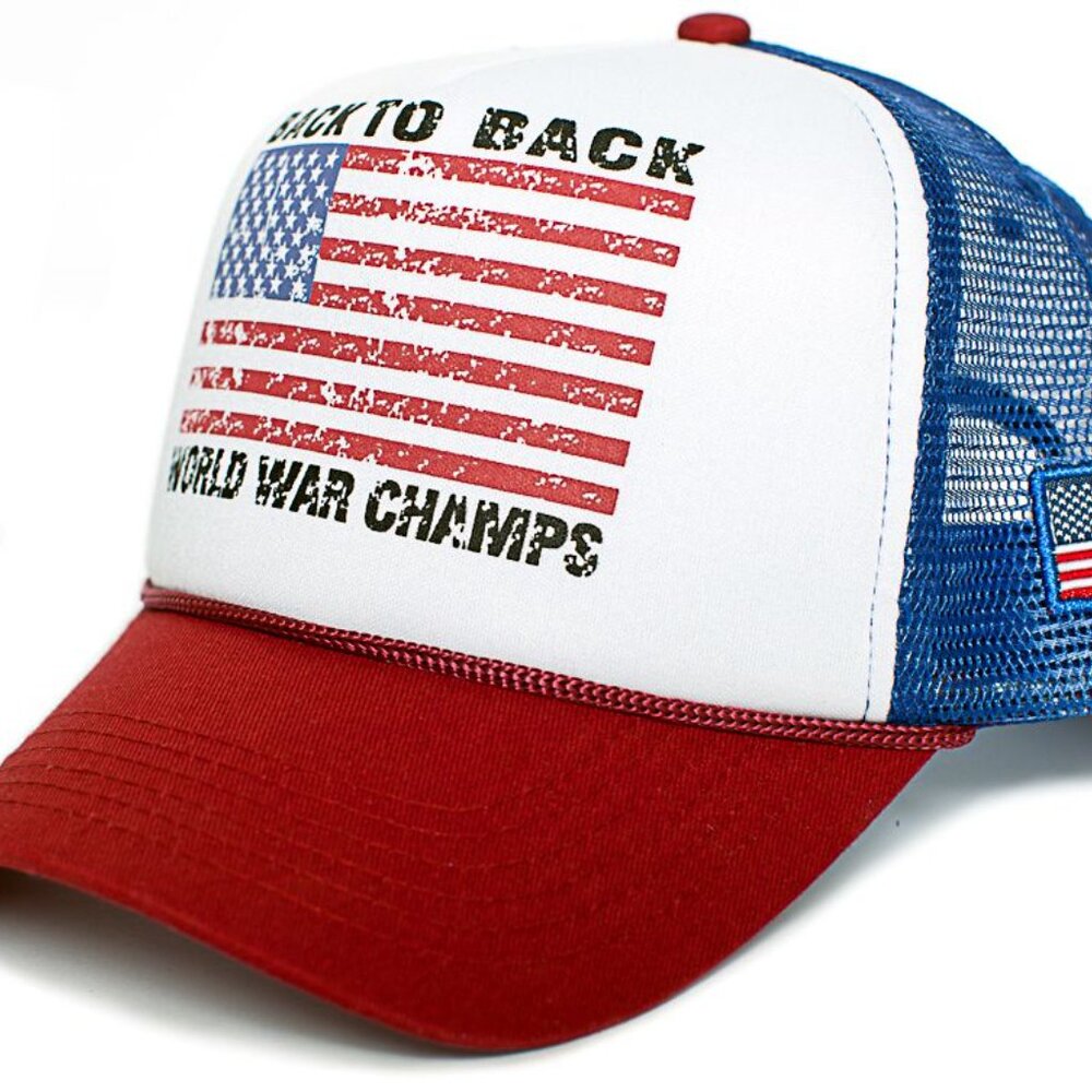 Back To Back World War Champs Hat Curved Funny 4th of July Cap Royal/White/Red